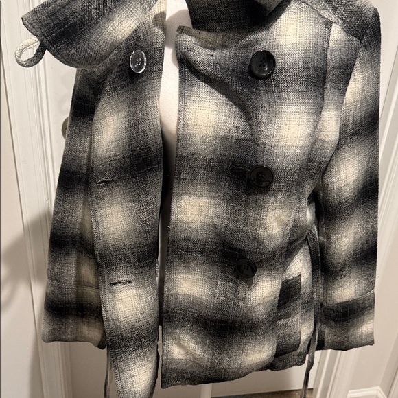 Last Kiss Women's Plaid Pea Coat - Black and Gray - Picture 6 of 11